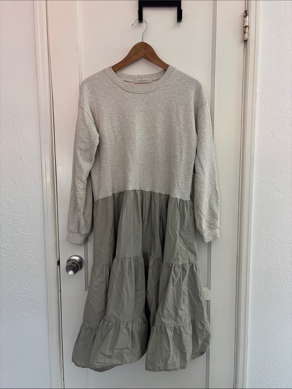 Neutral Two-Tone Tiered Midi Dress in Light Gray and Sage